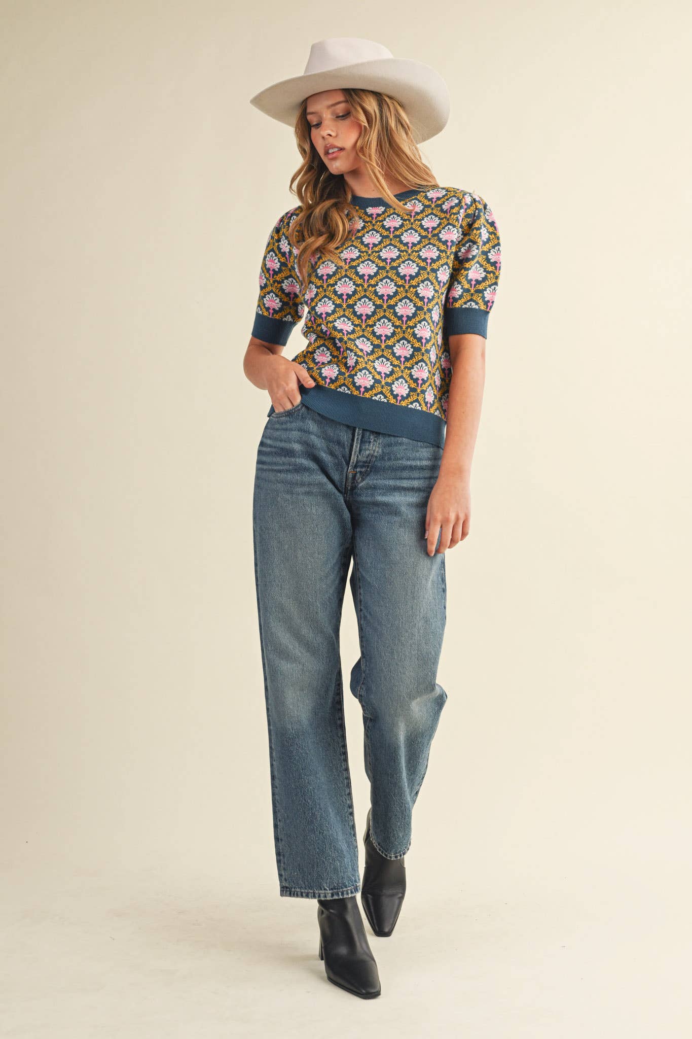 &MERCI - Wholesale Knit Sweater - Women's - FLORAL PATTERN SHORT SLEEVE SWEATER MSW1086017