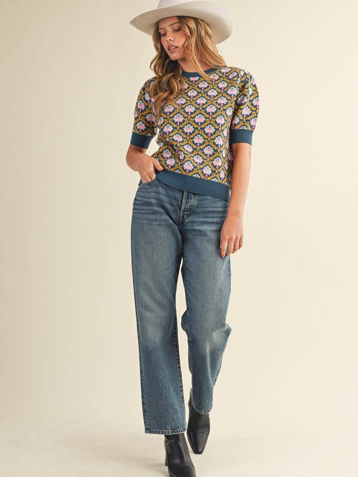 &MERCI - Wholesale Knit Sweater - Women's - FLORAL PATTERN SHORT SLEEVE SWEATER MSW1086017