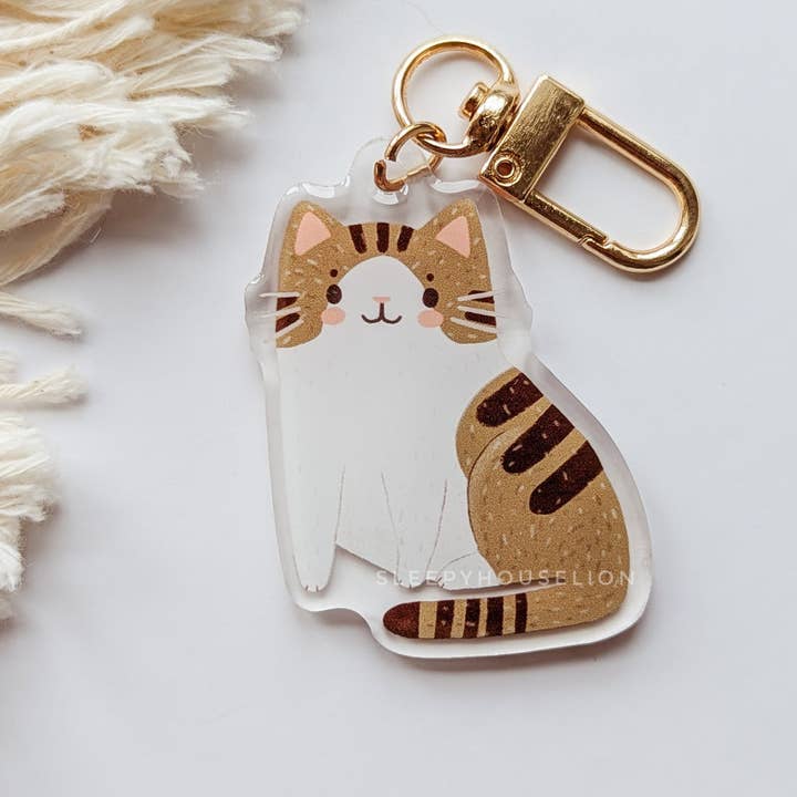 Brown and White Tabby Cat Keychain for wholesale by Sleepy House Lion
