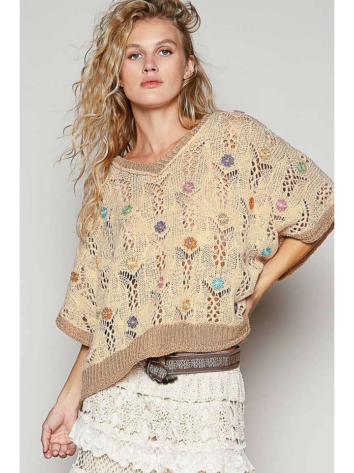 Pol Clothing - Wholesale Knit Top - Women's - V-neck sleeveless flower outseam thin sweater top
