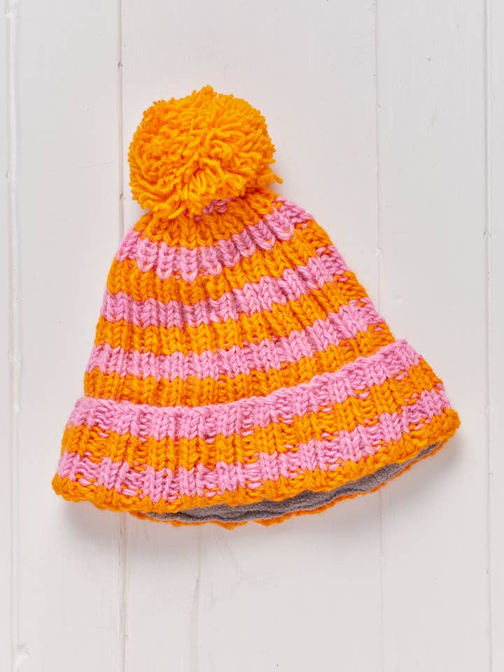 Pink Stripe Hand Knitted Bobble Hat, fleece lined for wholesale by Namaste