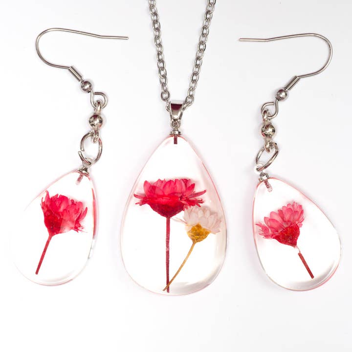 Flower Necklace Orb Bea set red-white for wholesale by Hanami Real Flower Jewelry