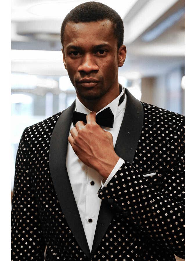 Negro Blazer de Promoción para Hombre Negro de Ajuste Entallado con Patrón de Puntos - Solapa de Chal de venta al por mayor en Faire