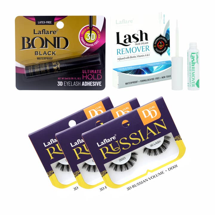 Laflare – wholesale Lösögonfransar – 3D ryska (MAX) volymmässiga, fluffiga, dramatiska, lätta, handgjorda DD Curl fransar 3 förpackningar med franslim och borttagare Allt i ett komplett kit