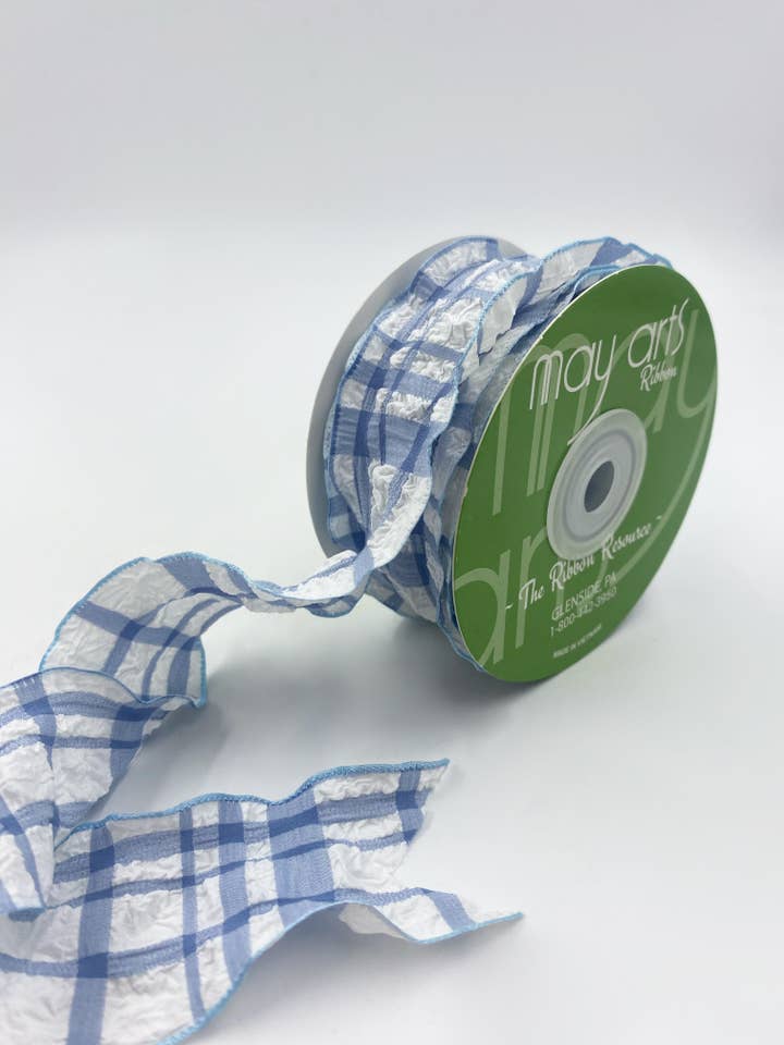 1.5″ Sky Blue & White Seersucker Plaid Ruffled Edge Ribbon for wholesale by May Arts Ribbon
