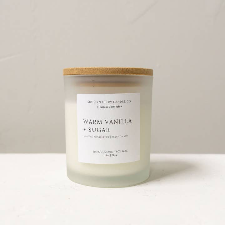 Modern Glow Candle Co. - Wholesale Jar/Filled Candle - Warm Vanilla + Sugar - 10oz Frosted White Soy Candle1