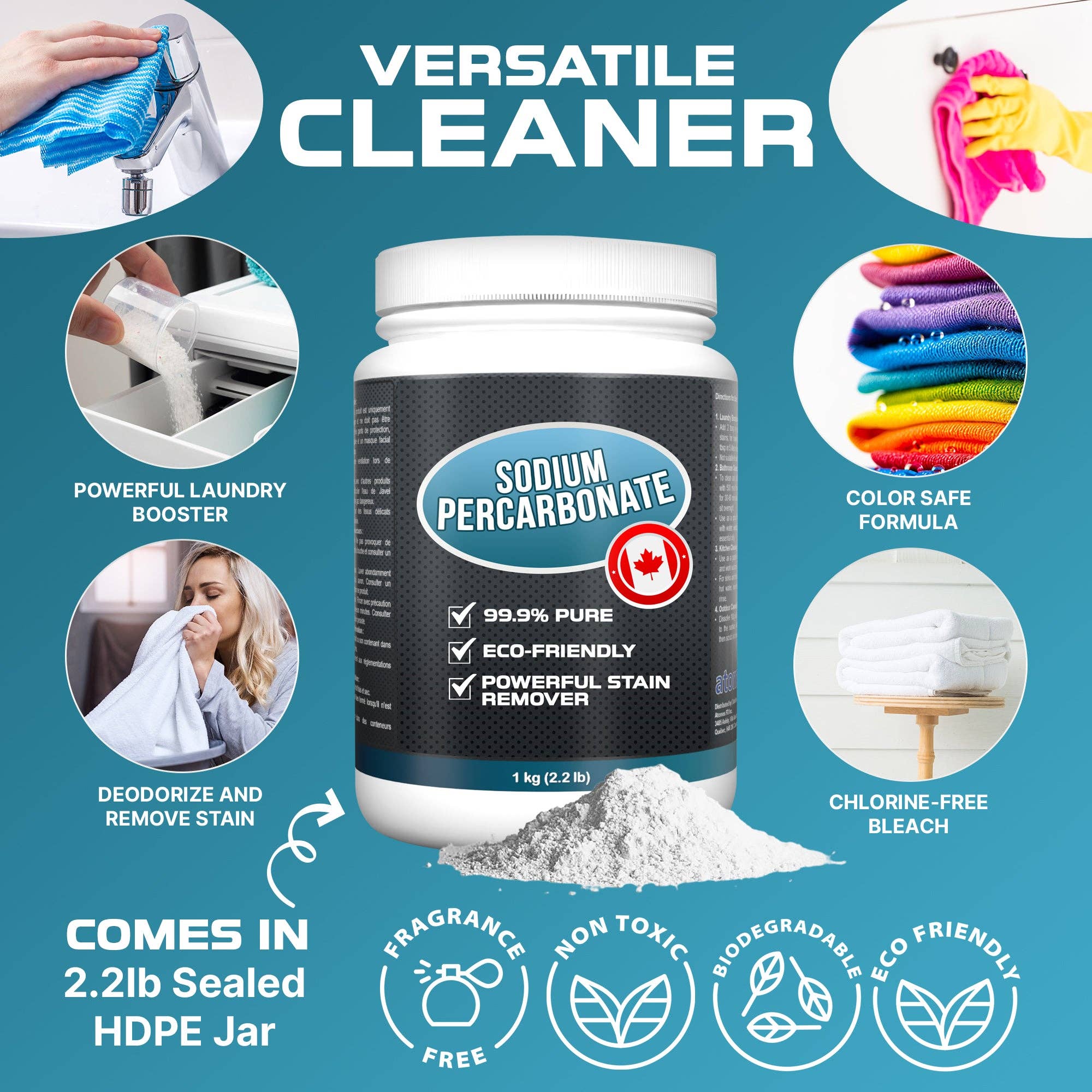 atomsbio - Vente Lessives en poudre/dosettes - Percarbonate de sodium | Couleur sûre | Qualité industrielle 99,9 % | Eau de Javel à l'oxygène | Détachant pour le linge | Désodorisant pour le linge | 1 kg3