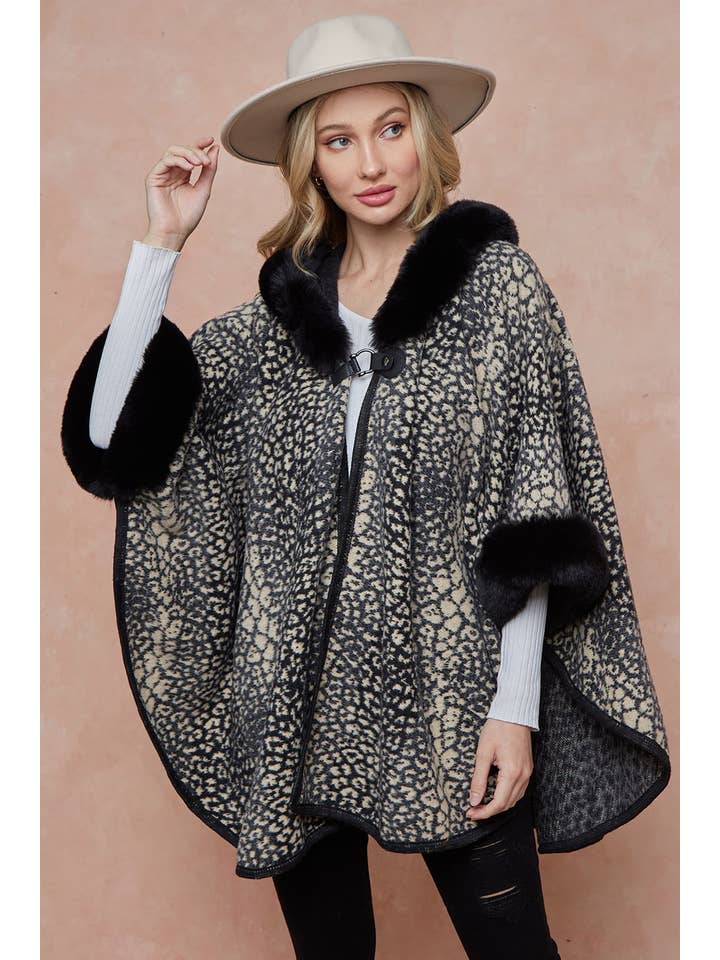GREY MOCHA Faux Fur Trimmed Hooded Poncho for wholesale on Faire