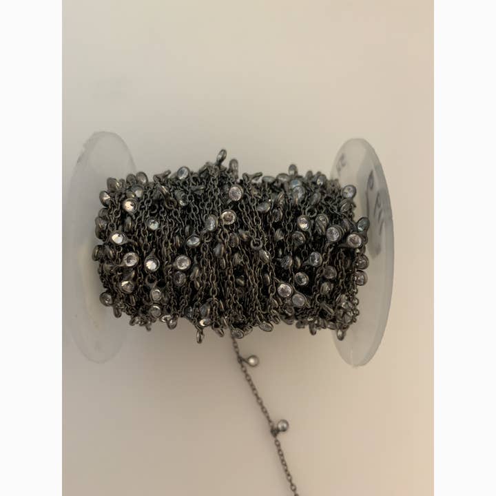 Purity Beads - Wholesale Craft Supplies - Gunmetal Plated CZ Round Dangling, Stone Chain 3.5 mm Chain. #4 | Purity Beads