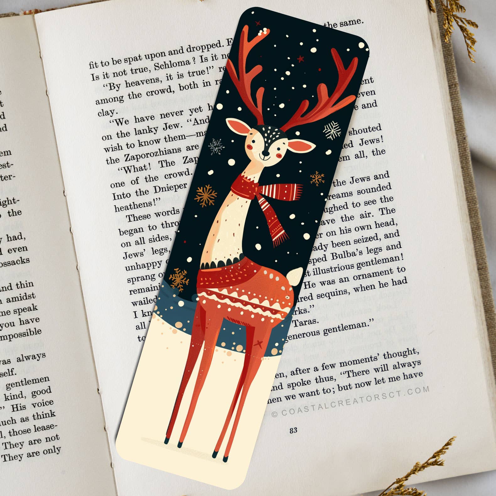 Coastal Creators of Connecticut - Wholesale Bookmark - Christmas Folk Art Winter Reindeer Glossy Laminated Bookmark0