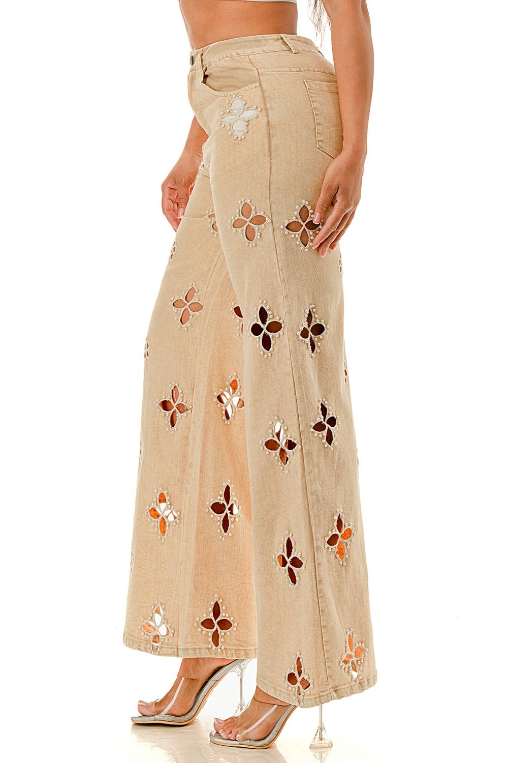 SALT - Vente Pantalon – femme - (SP5058)Pantalon large à découpes florales en perles7