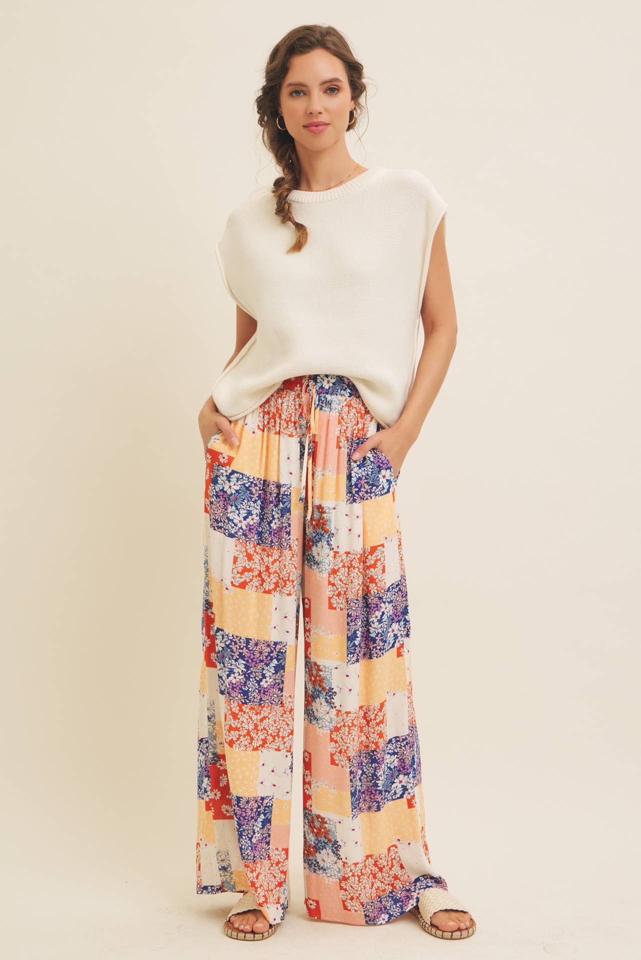 DENIM MULTI SOFT RAYON GAUZE FLORAL PATCHWORK WIDE LEG PANTS WITH POCKET for wholesale on Faire6