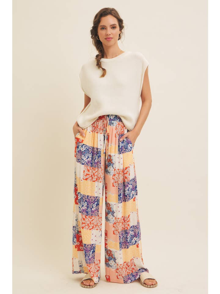 DENIM MULTI SOFT RAYON GAUZE FLORAL PATCHWORK WIDE LEG PANTS WITH POCKET for wholesale on Faire6