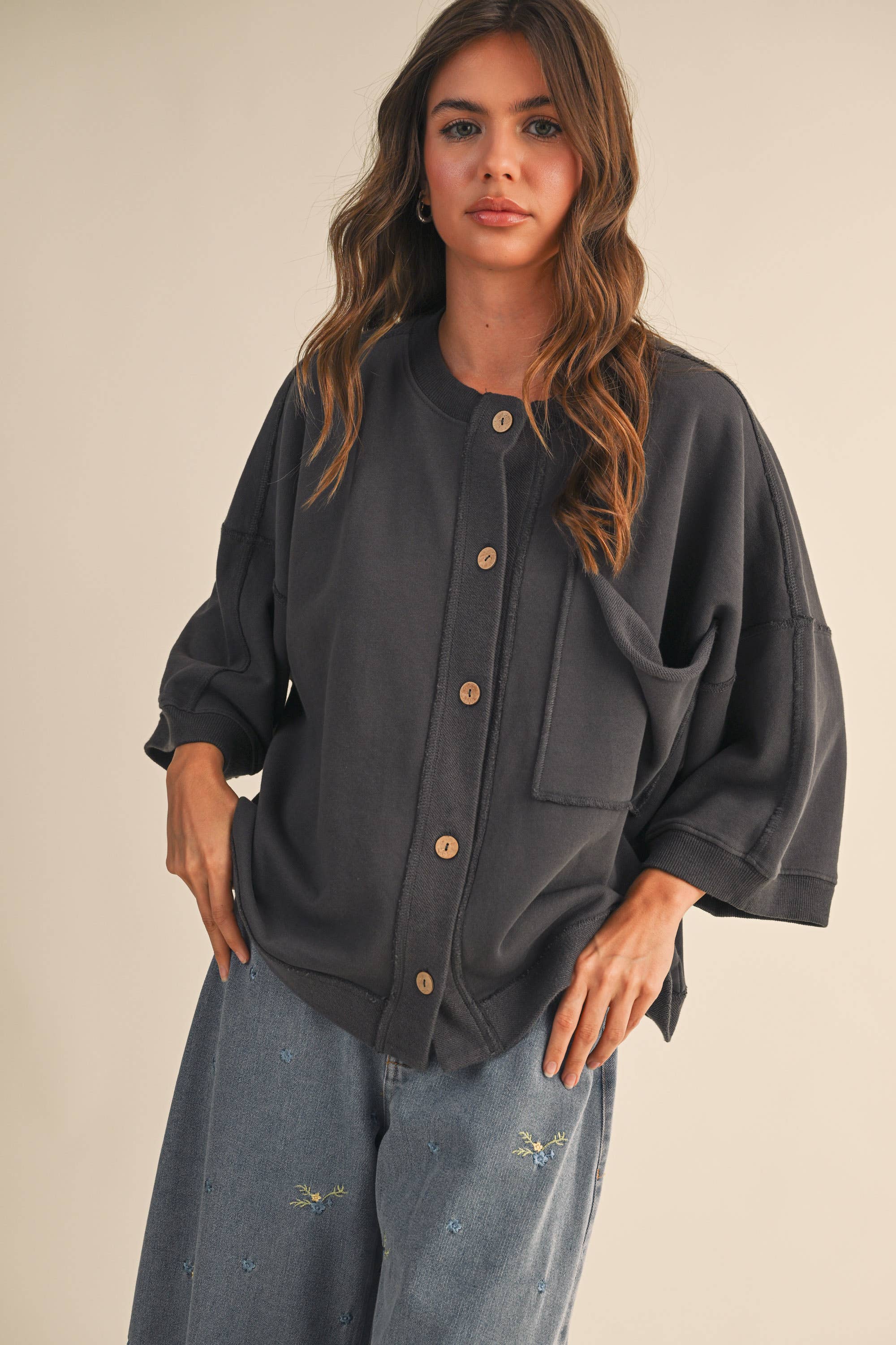Klesis - Wholesale Button Down Shirt - Women's - IJ1589  FRONT POCKET BUTTON DOWN OVERSIZED SOLID TOP6