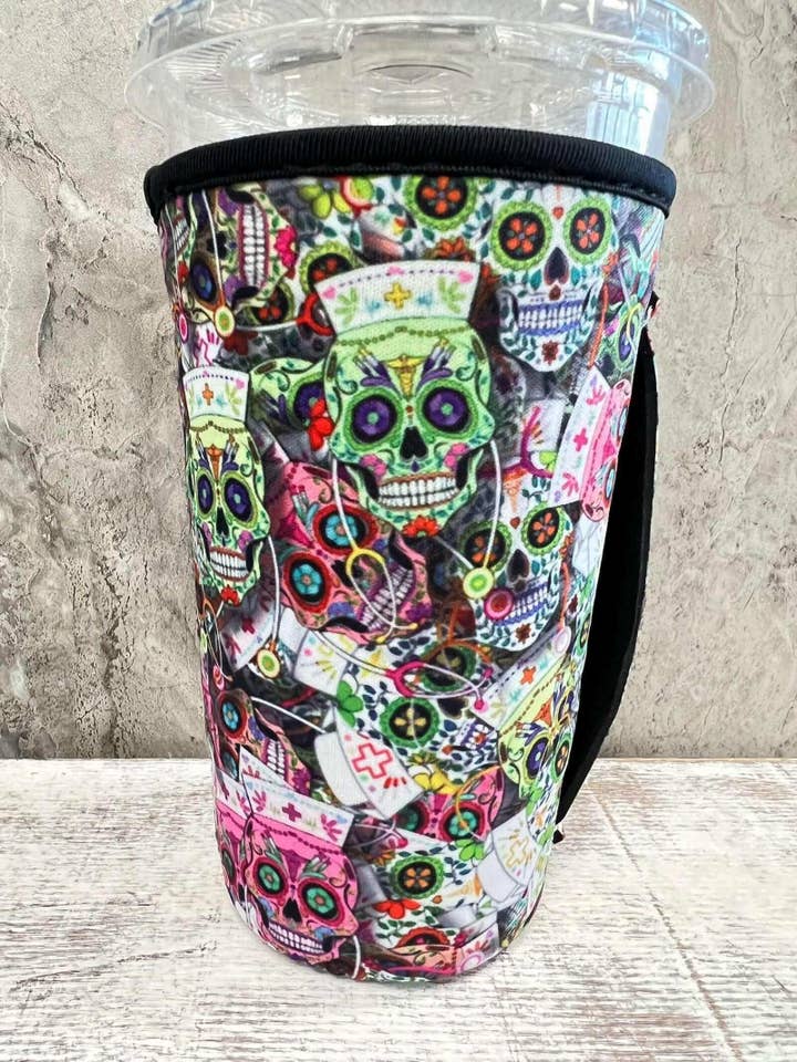 NEW** 20 OZ Sugar SKull Nurse Insulated Cup Cover for wholesale by Sip Sleeves ~ Insulated Cup Sleeves and Drink Accessories
