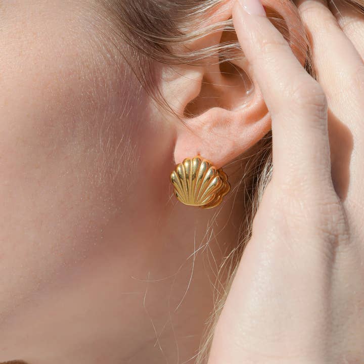 WJW - Wholesale Huggie Earrings - 18K Gold PVD Stainless Steel Shell Huggie Earrings