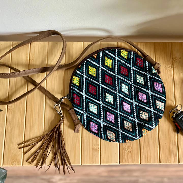 Tribal Fabric Small Crossbody with Leather Strap (Kallie) for wholesale by Braverly