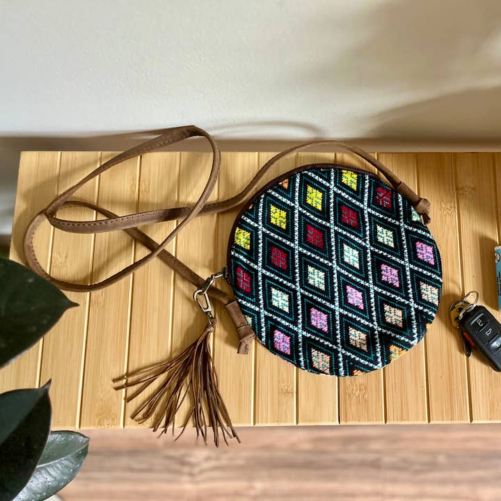 Tribal Fabric Small Crossbody with Leather Strap (Kallie) for wholesale by Braverly