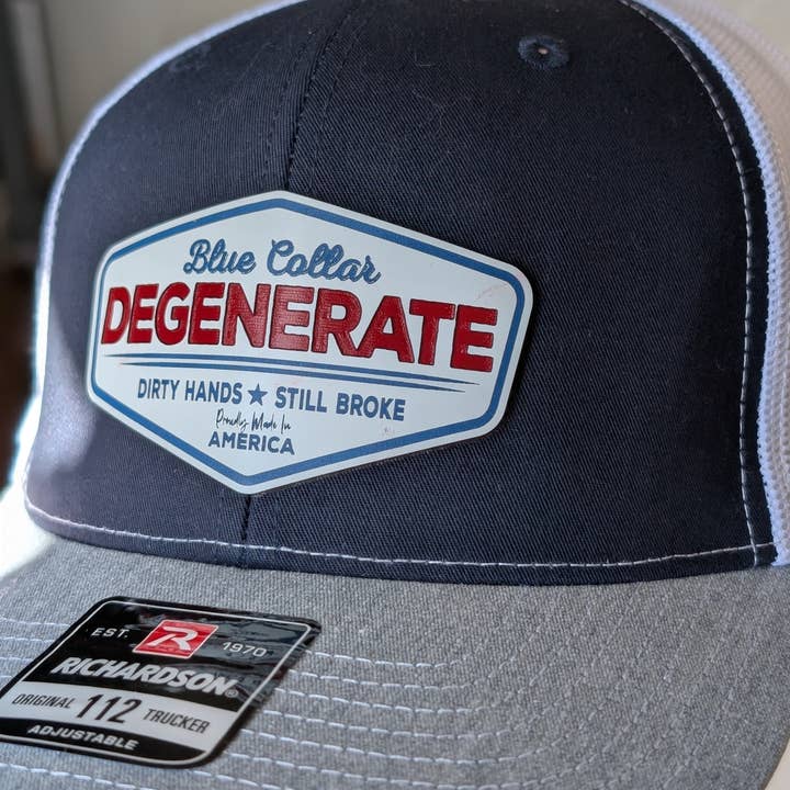 Blue Collar Degenerate Trucker Hat – Richardson 112 in Navy/White/Heather Grey for wholesale by The Naughty Equestrian