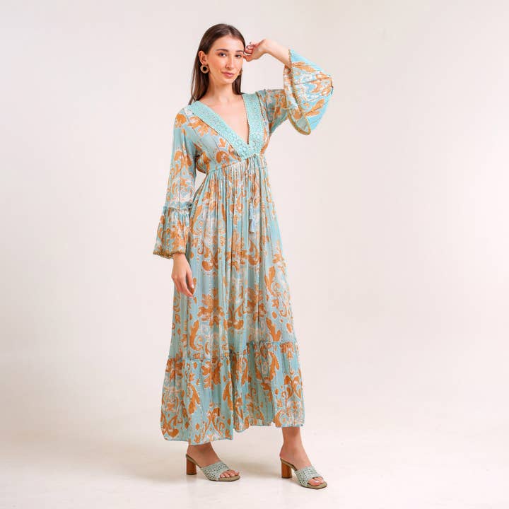 Rustic Charm Boho Maxi Dress Turquoise for wholesale by Letoz