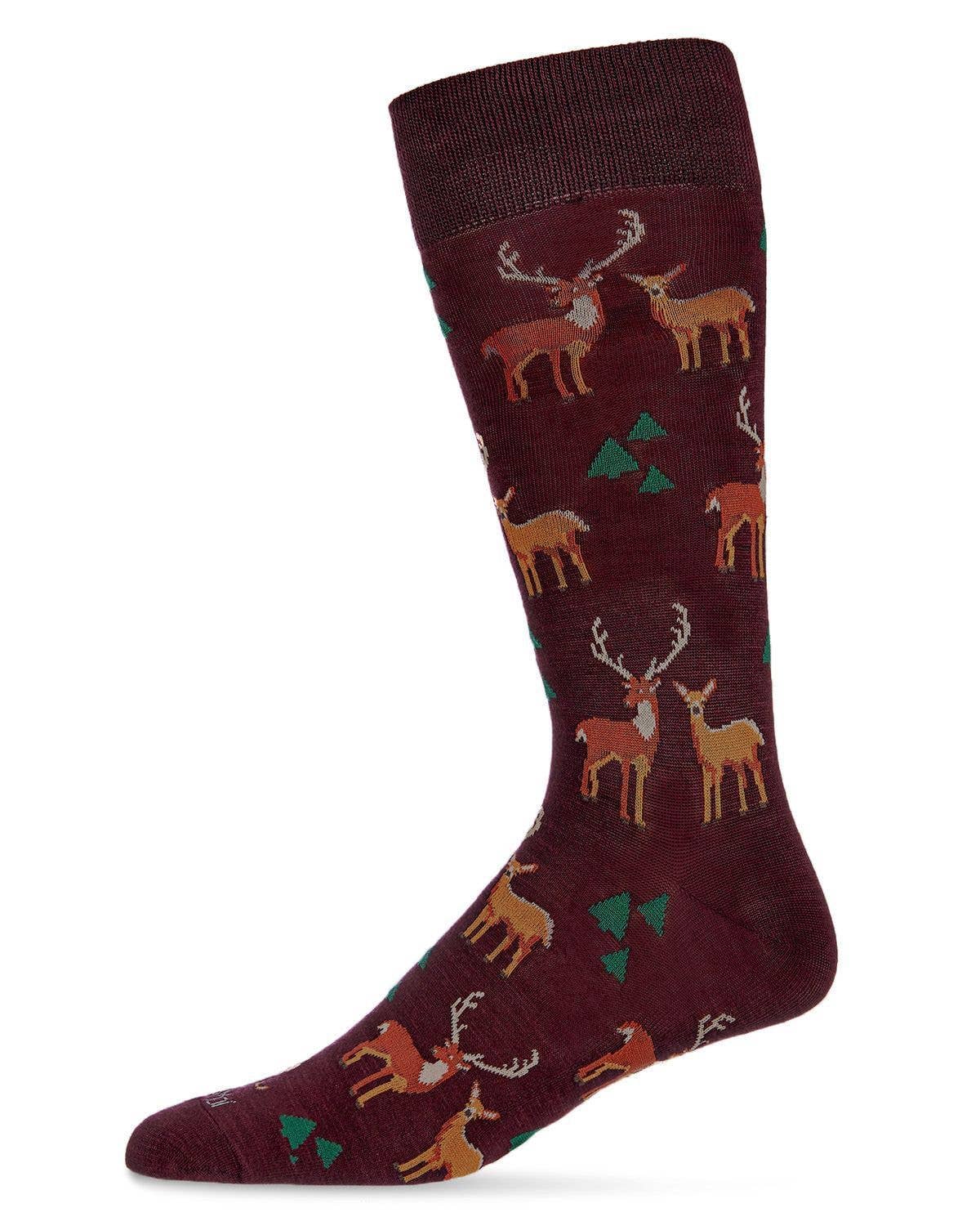 Burgundy MeMoi Oh Deer Bamboo Blend Men's Crew Socks for wholesale on Faire