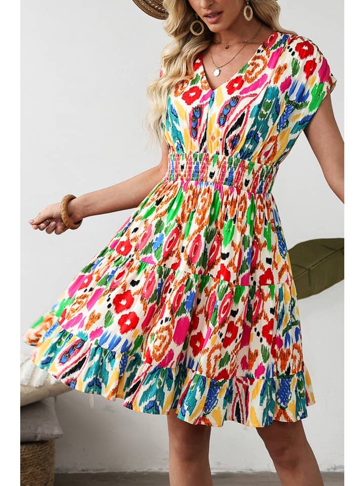 Sky Blue Abstract Print V Neck Dolman Sleeve Ruffle Tiered Mini Dress for wholesale on Faire