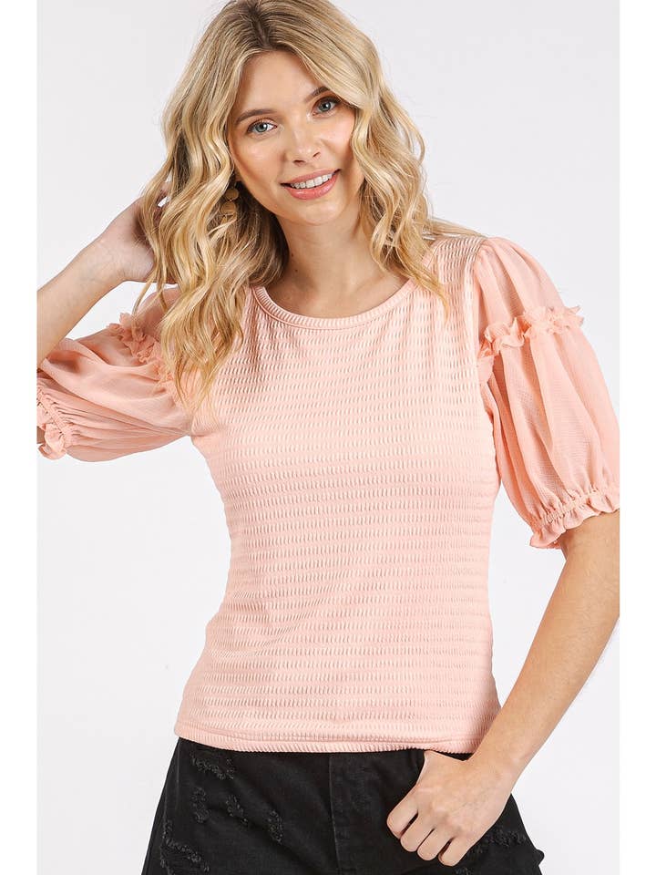 MIXED MEDIA TEXTURED KNIT CHIFFON SHORT SLEEVE TOP for wholesale by mittoshop