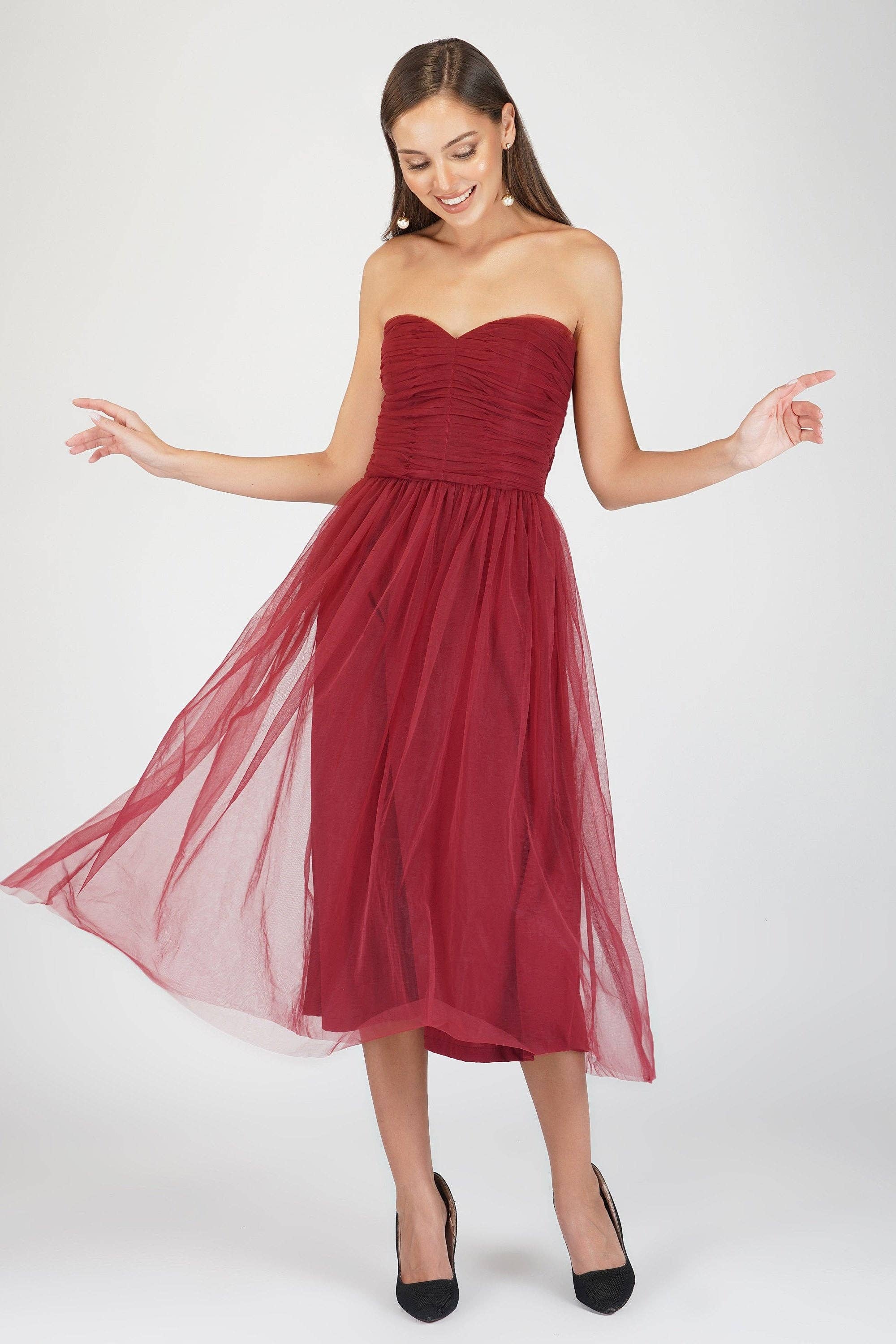 Litzy Tulle Midi in Burgundy for wholesale on Faire0