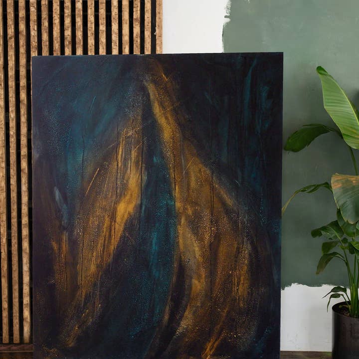 Tableau abstrait contemporain or et turquoise pour la vente par Atelier E.Pic