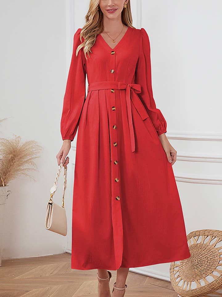 V-neck Single Breasted Lace Up Slim Fitting Dress for wholesale by Wholesalesir