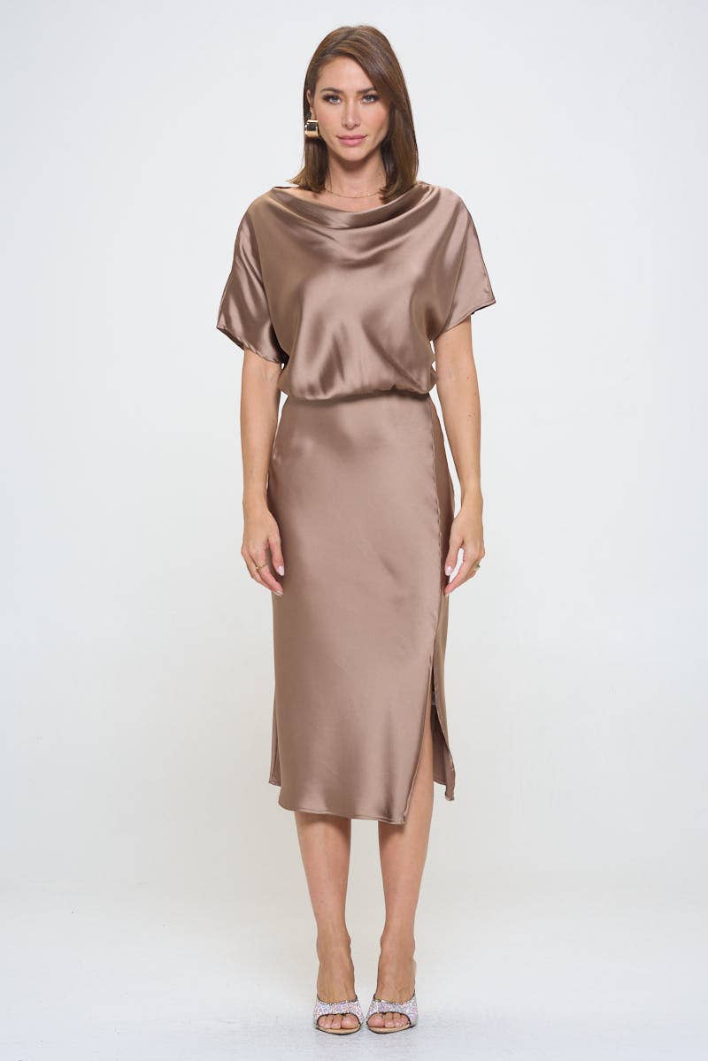 Dune Made in USA Satin Stretch Print Dress with Slit for wholesale on Faire5