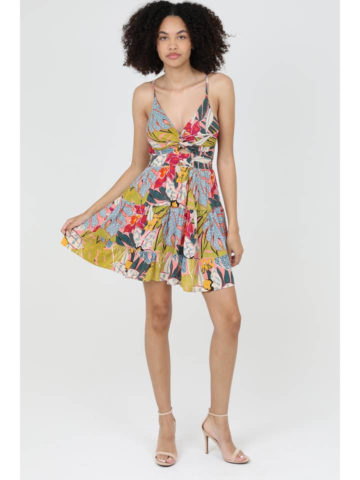 ANGIE - Wholesale Dress - Women's - C4143-A865 TROPICAL PRINT V NECK TWIST FRONT CUT OUT DRESS