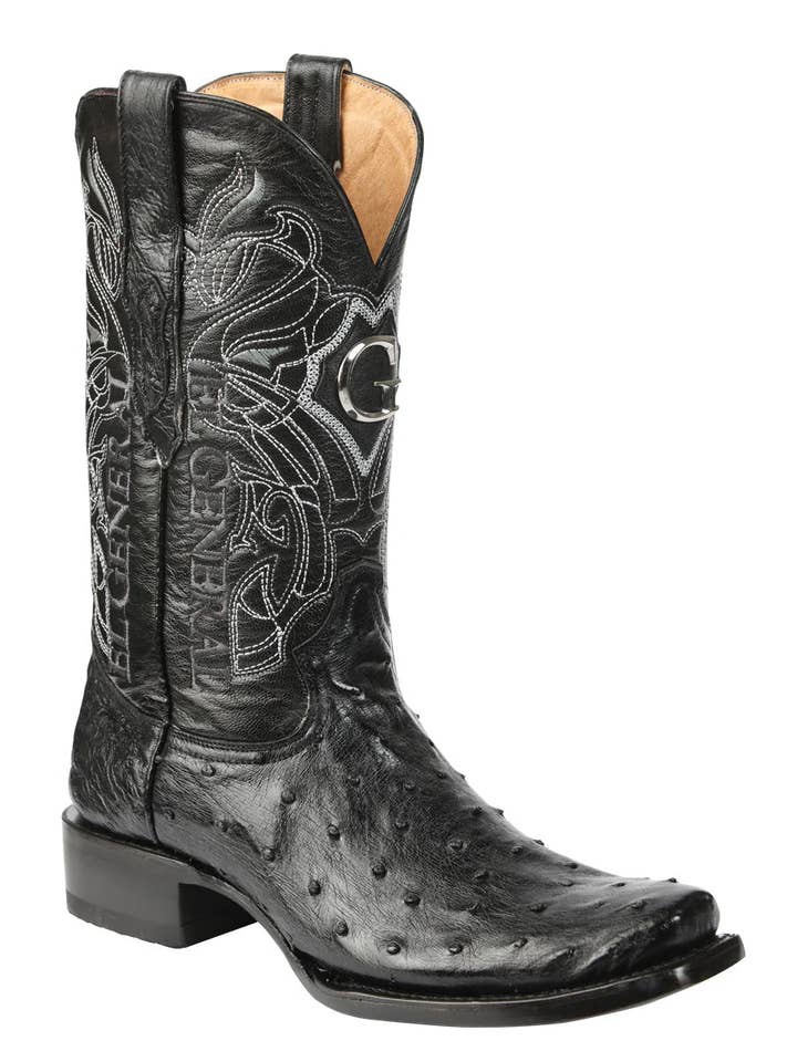 El General Men's Exotic Ostrich Leather Cowboy Boots Black Mod. 45515 for wholesale by Conejo Western Wear