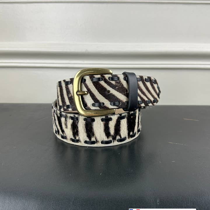 JULIA PARIS - Wholesale Riem - Dames - Leren riem met zebra pony-effect en bronzen gesp, 40 mm