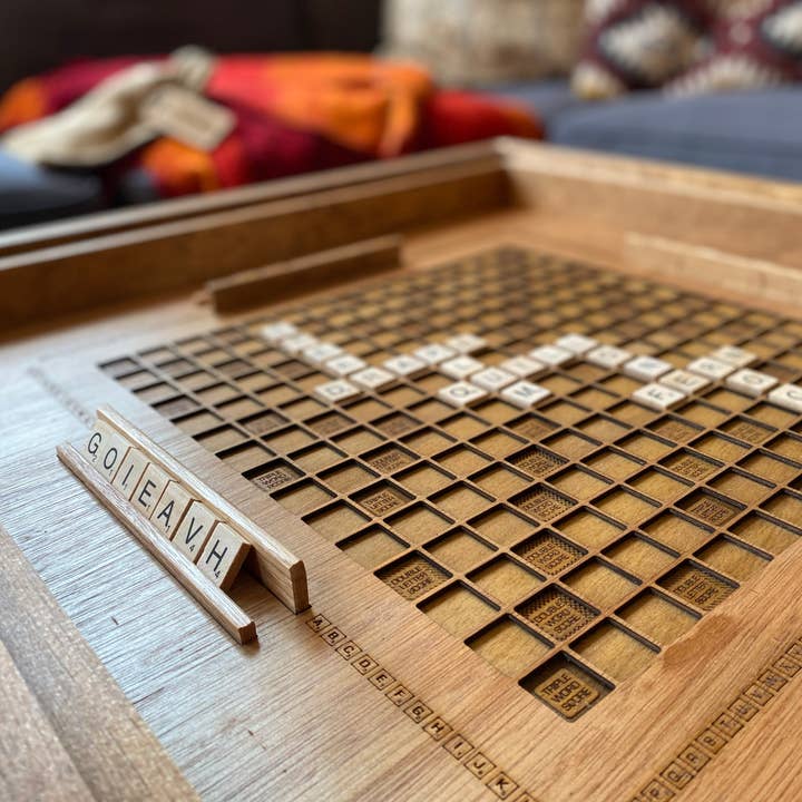 Charles River Woodworks - Wholesale Coffee Table - Rustic Scrabble Coffee Table with removable top - letter tiles included3