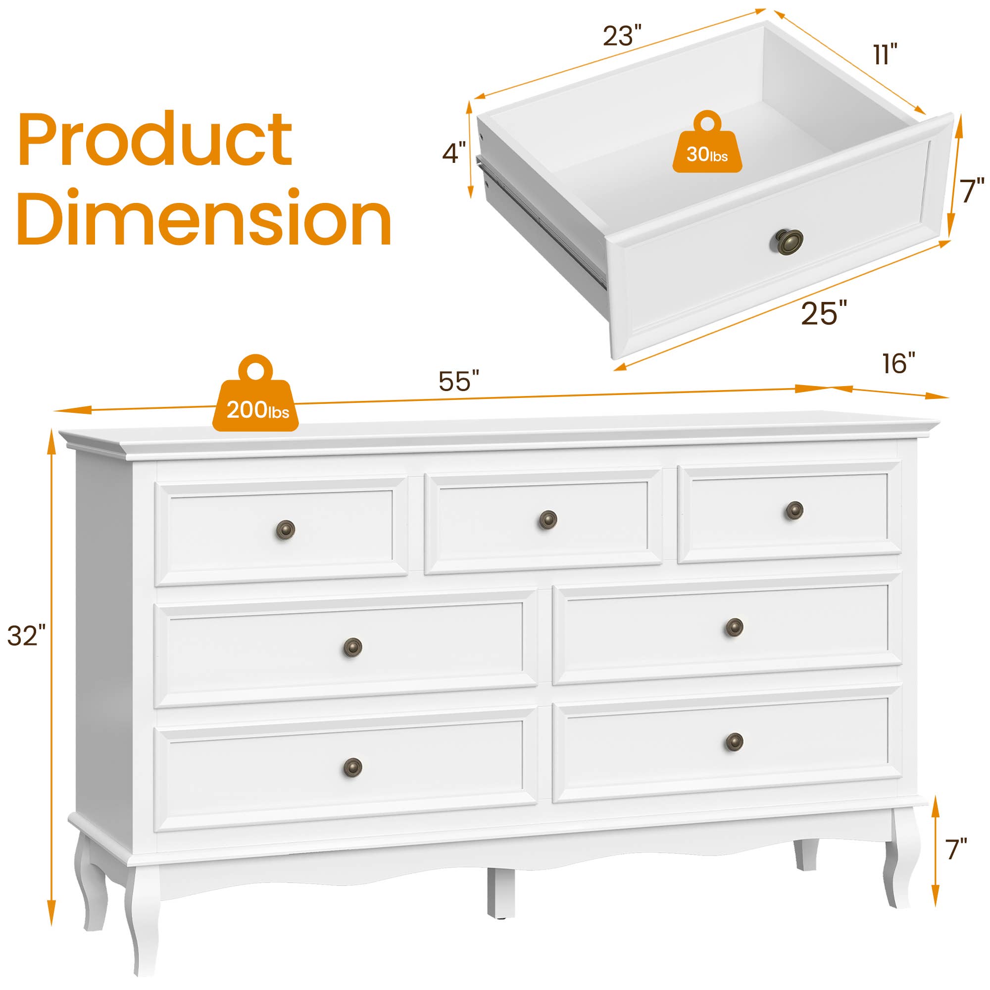 Heynemo - Wholesale Cabinet - 7 Drawers Dresser, Modern Wide Dresser with Rubberwood Legs9