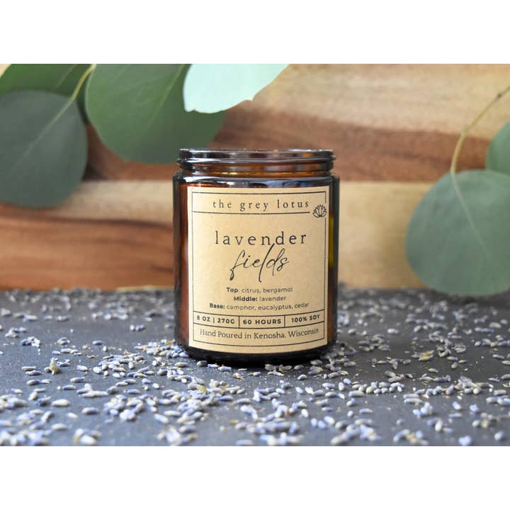 The Grey Lotus - Wholesale Jar/Filled Candle - Lavender Fields 100% Soy Wax Amber Jar Candle - 8 oz