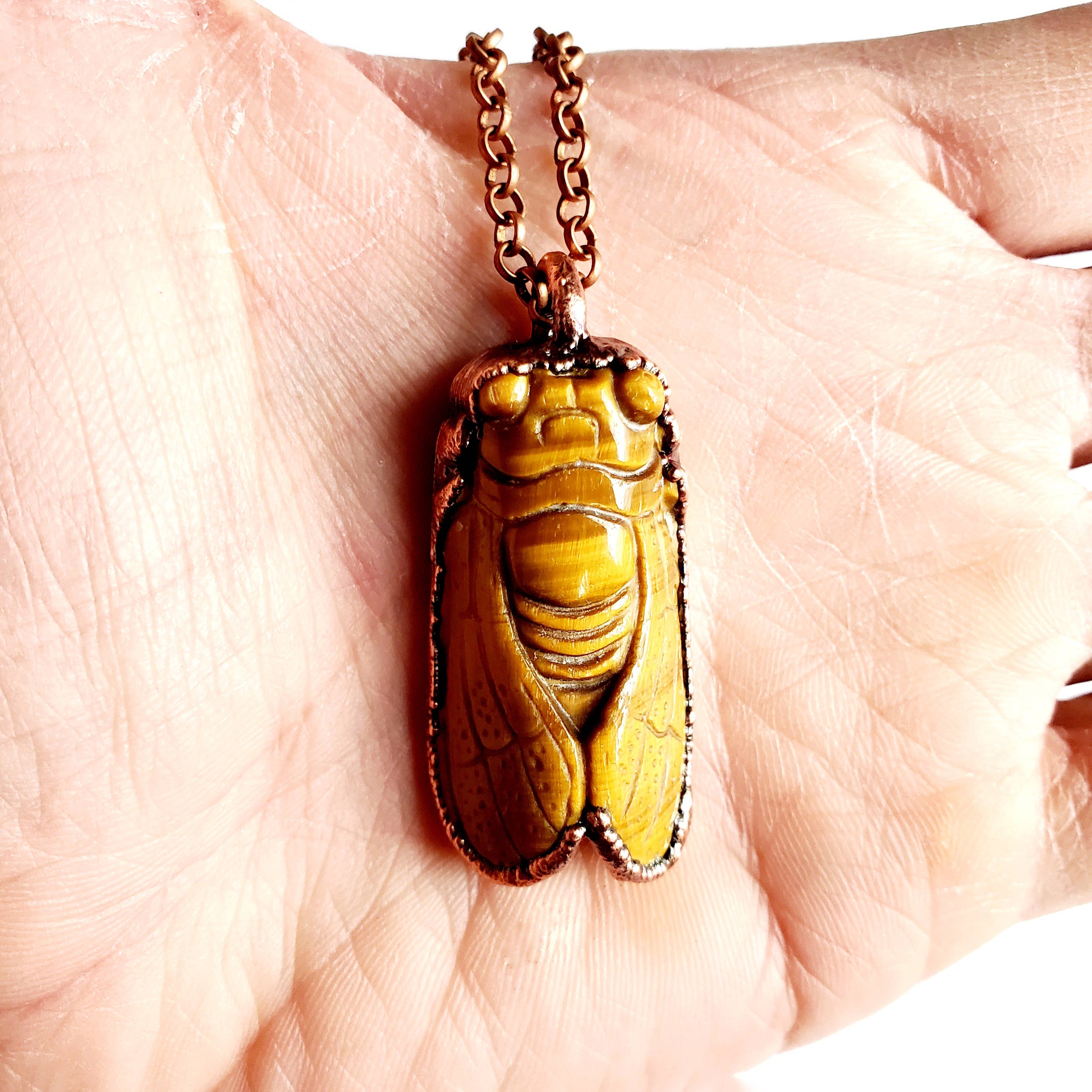 MergingMetals - Wholesale Pendant/Charm Necklace - Tiger Eye Carved Cicada Necklace4