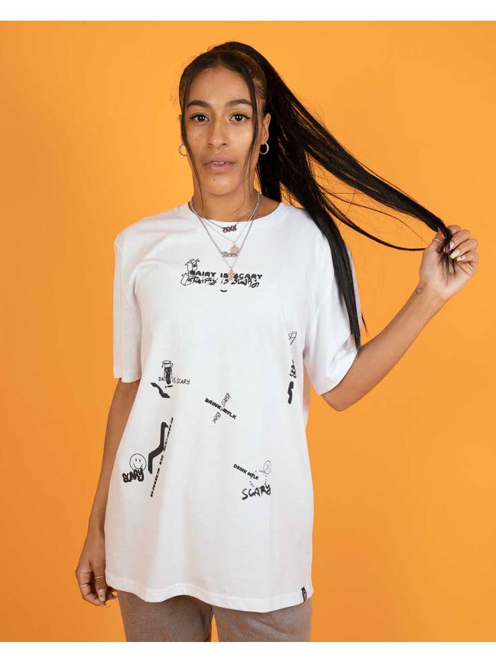 Plant Faced Clothing - Wholesale Screen printed t-shirt – unisex - Dairy Is Scary Graffiti Collage Print - White T-Shirt4