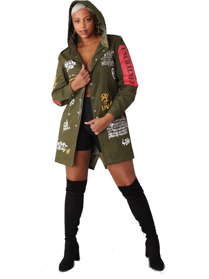 For Her NYC - Wholesale Jacket - Women's - 81782P Graphite Writing, Button Pocket Along With Hood. plus