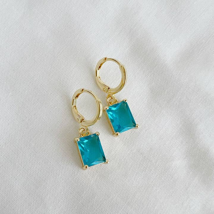 True by Kristy Jewelry - Wholesale Huggie Earrings - Presley Blue Baguette Huggie Hoops Gold Filled Earrings