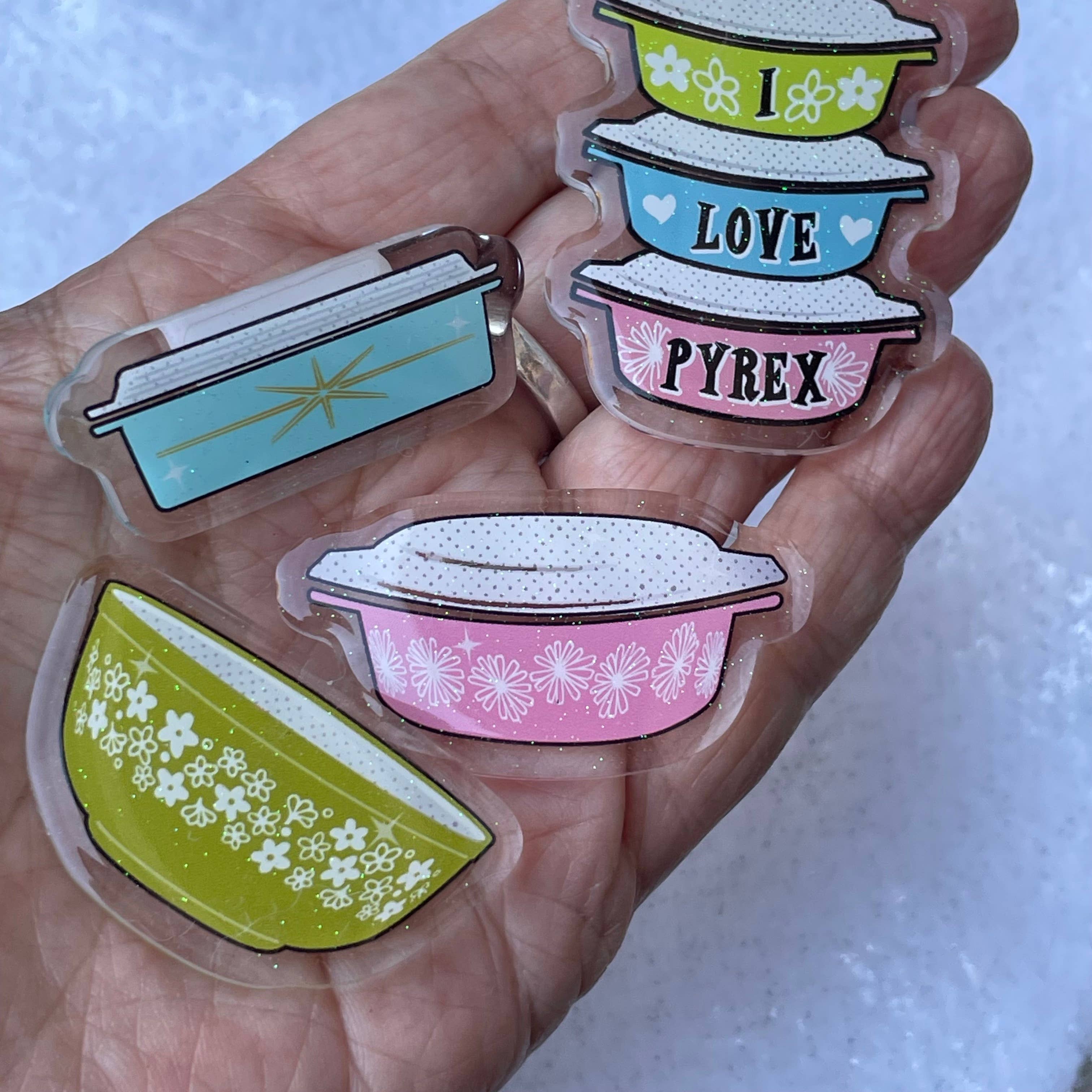 ModMoxGoods - Wholesale Brooch - PINS - vintage Pyrex theme acrylic with glitter Bar pin14