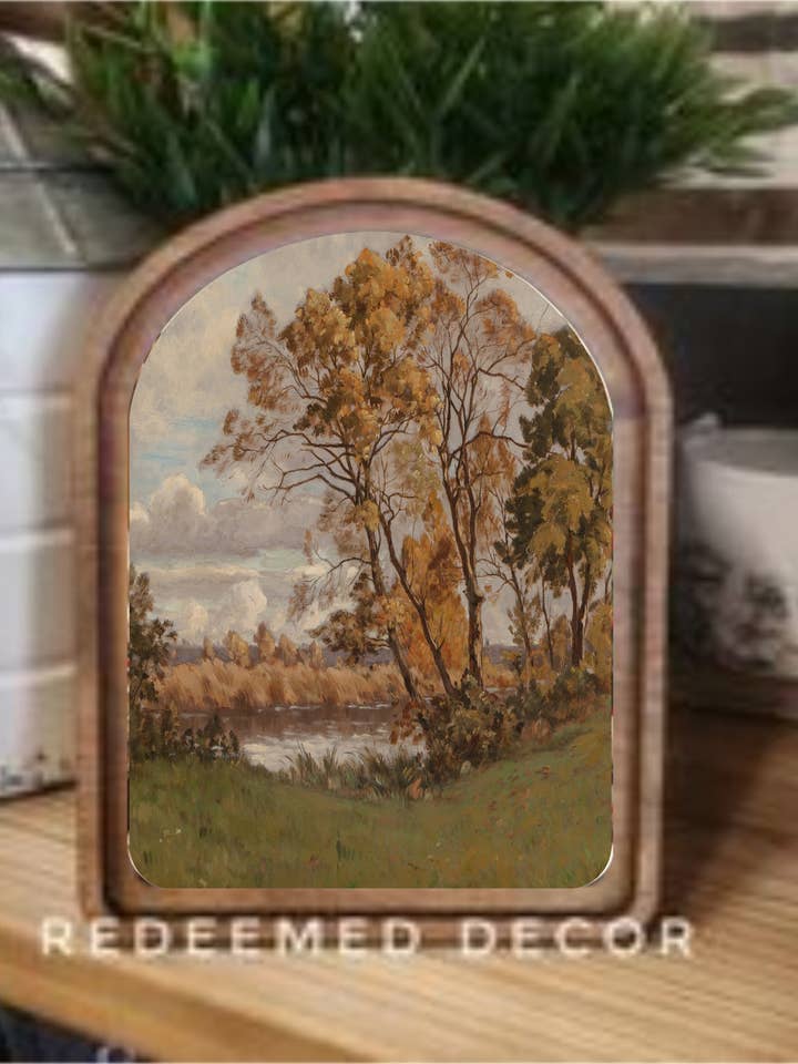 Arch Top Fall Landscape Framed Art for wholesale by Redeemed Decor
