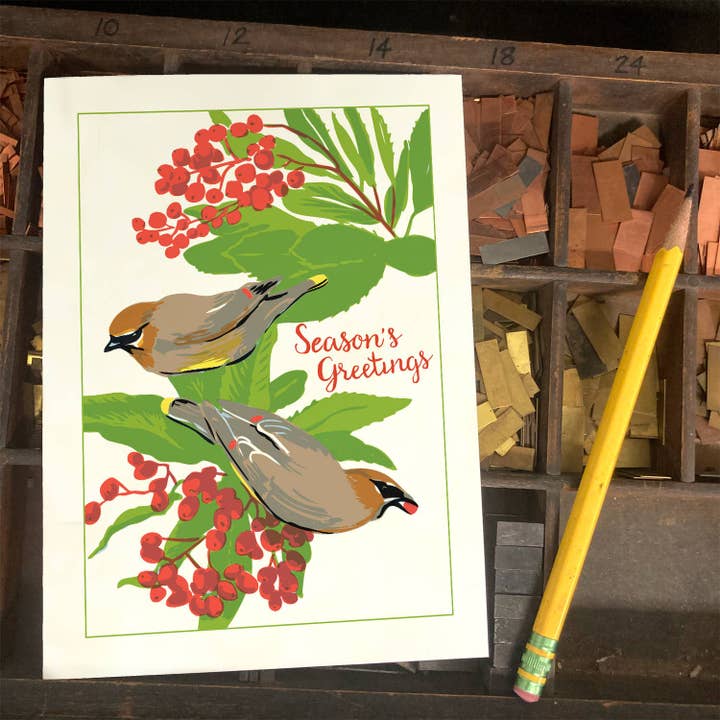 Rigel Paper - Vente Cartes de vœux saisonnières - RHO-94 Cedar Waxwing & Toyon - Carte de vœux pour les fêtes2