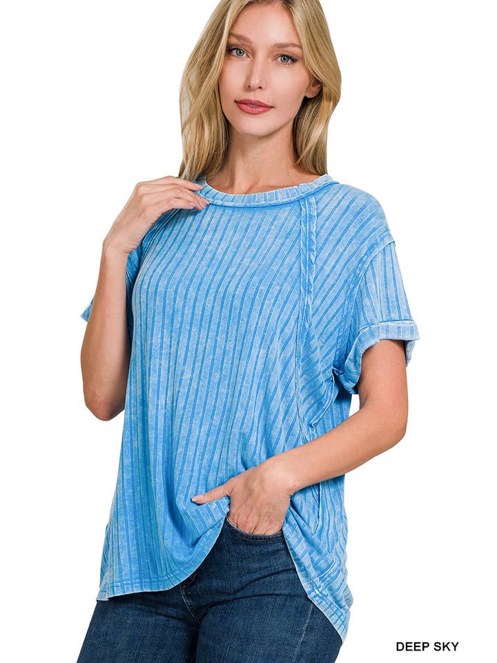 Vanilla Monkey - Wholesale Knit Top - Women's - Acid Washed Ribbed Short Sleeve Boat-neck Top
