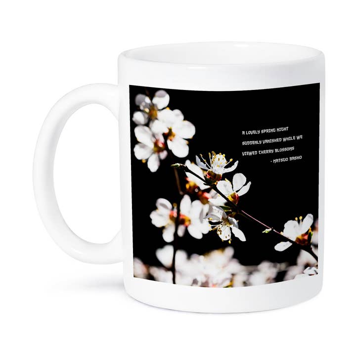 3dRose, Sunlit Japanese apricot blossoms on black. Basho haiku verses, Mug for wholesale by 3dRose