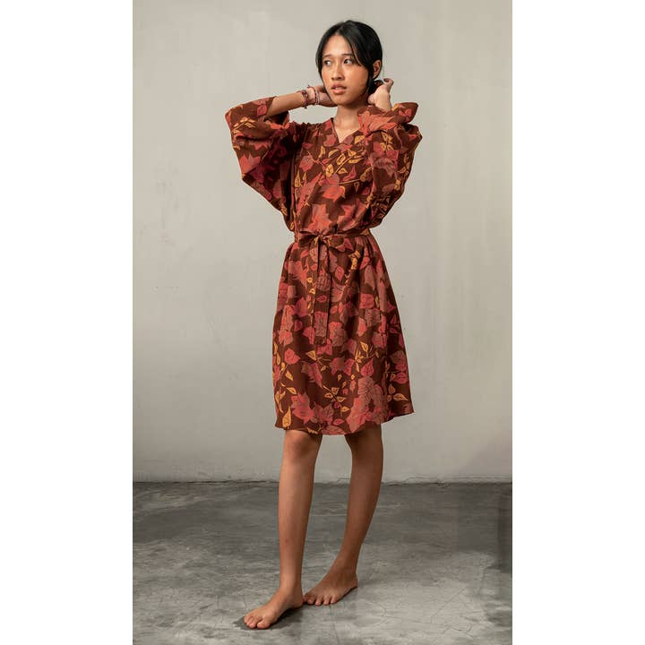Short Kimono Robe Rayon | Bougainvillea Brown for wholesale by Balizen Direct from Bali