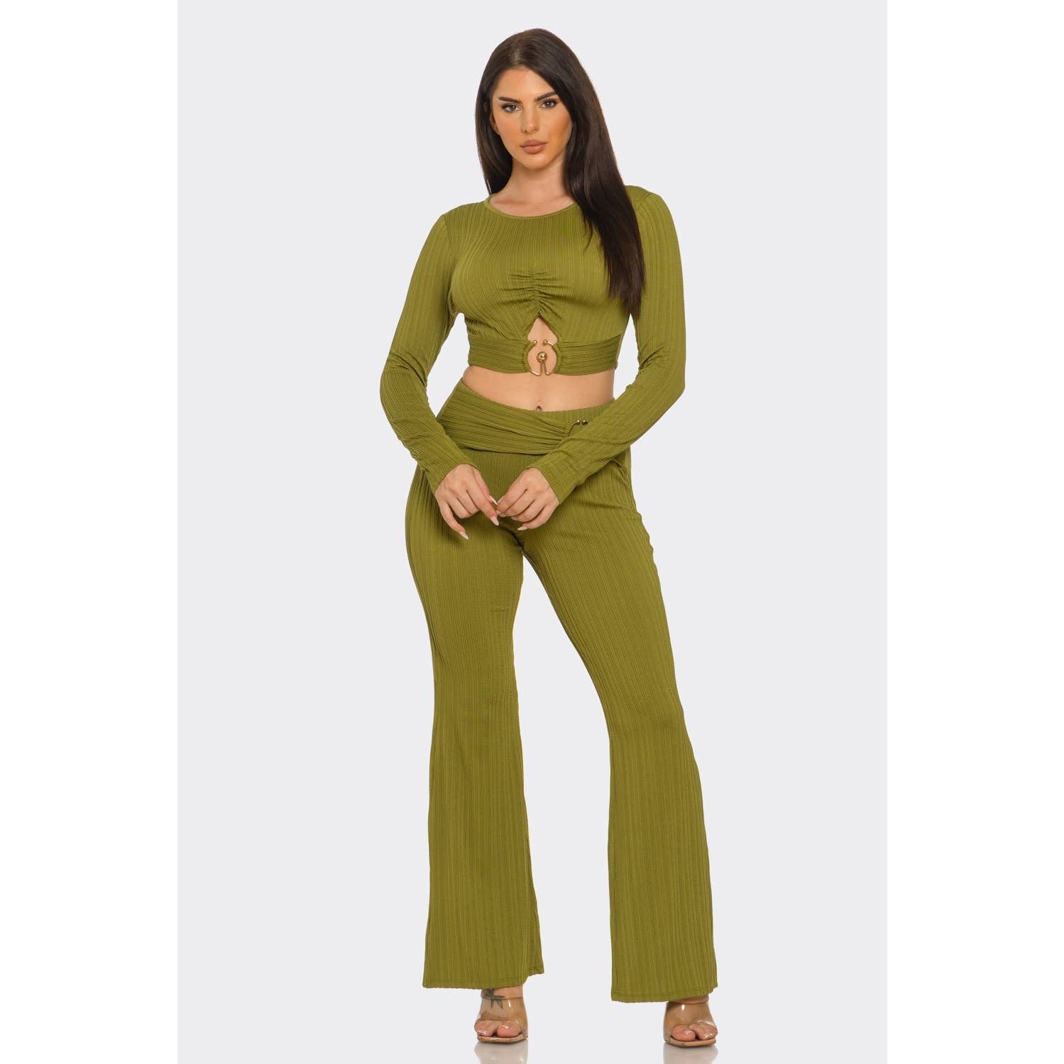 DORCAS – Conjunto de top e calça (roupa NÃO Casual) - Mulher por atacado – Conjunto de Top com Recortes e Anel Metálico e Calças com Franzido4
