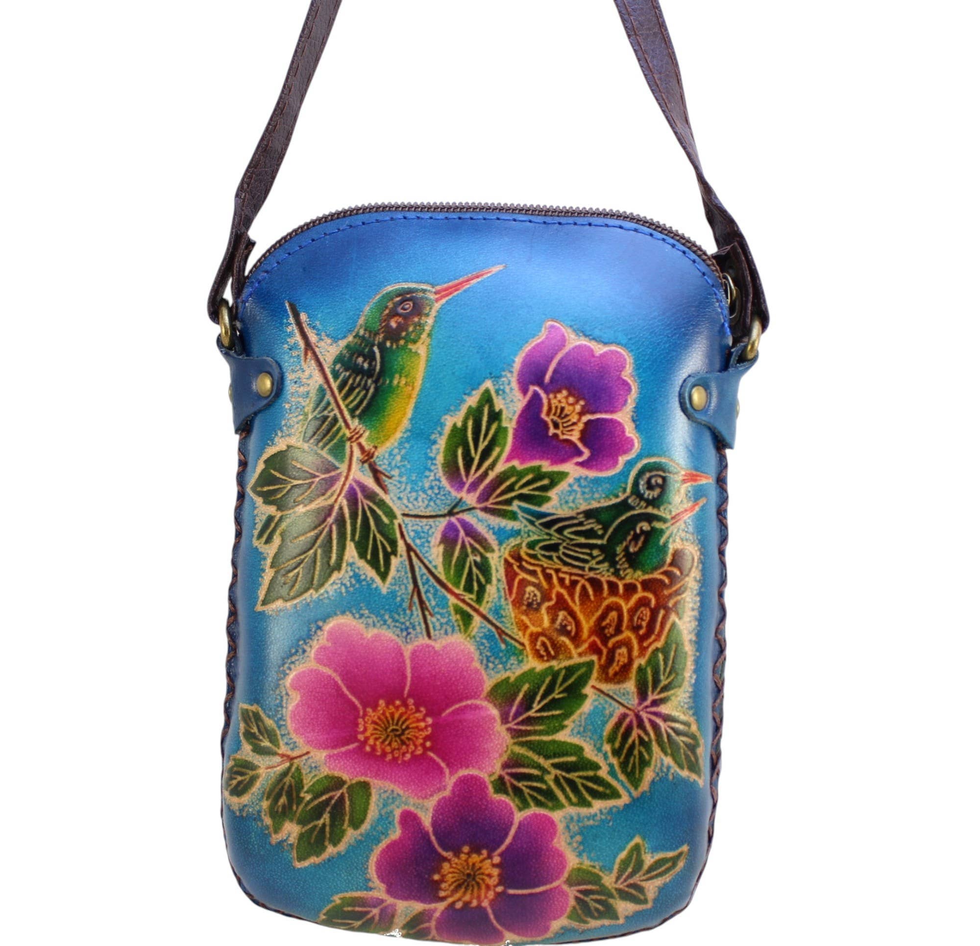 Sunflower Handmade leather inc – wholesale Crossbody bag – Women's – leather Hummingbird Pouch purse handbag crossbody-blue1