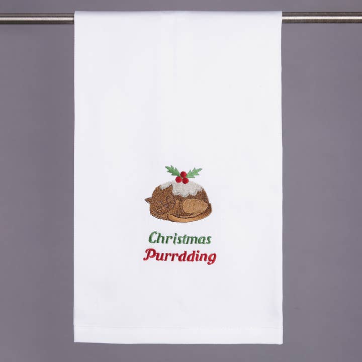 Christmas Purrding Cat Embroidered Kitchen Towel for wholesale by Peking Handicraft